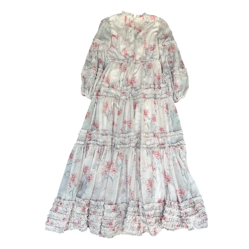 Ivy City Co Floral Tiered Maxi Dress Pink Cream Ruffle Smocked Long Sleeve S - Picture 6 of 6
